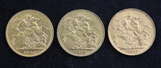 An Edward VII gold sovereign, 1906, & 2 GV sovereigns